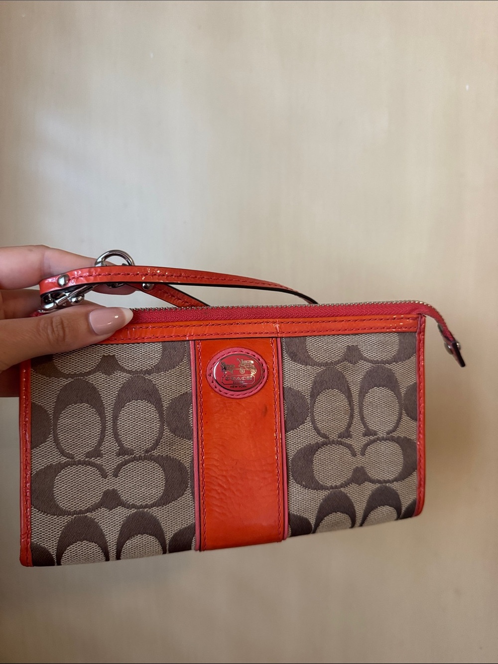 Coach Signature Canvas Wristlet with Orange Trim and Brown Monogram